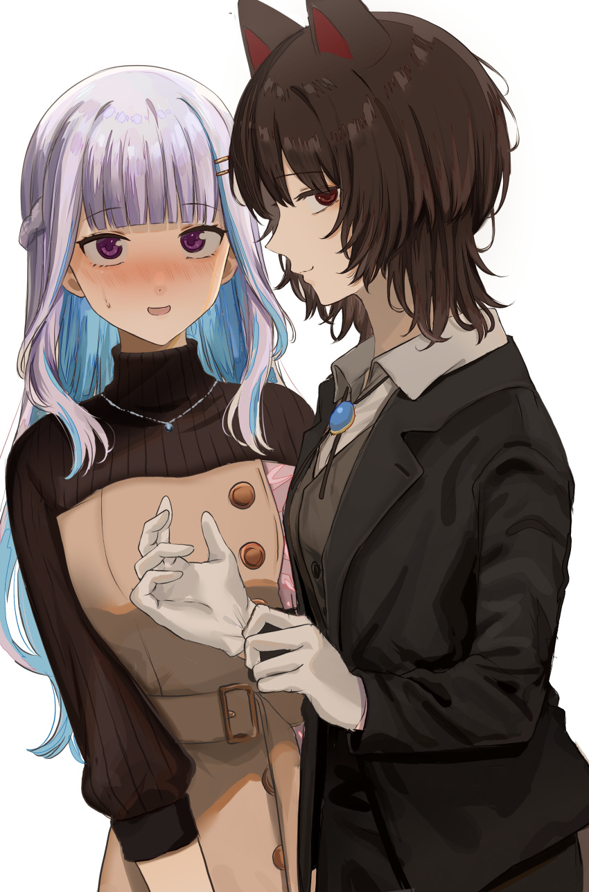 2girls absurdres adjusting_clothes adjusting_gloves animal_ears bangs black_jacket blue_hair blunt_bangs blush brooch brown_dress brown_sweater collared_shirt colored_inner_hair dog_ears dog_girl dress eyebrows_visible_through_hair female_butler gloves grey_vest hair_ornament hairclip highres ibuki_(ibuki0118) inui_toko jacket jewelry lize_helesta long_hair long_sleeves looking_at_another looking_to_the_side medium_hair multicolored_hair multiple_girls necklace nijisanji open_mouth profile red_eyes shirt silver_hair simple_background smile sweat sweater symbol-only_commentary two-tone_hair vest virtual_youtuber white_background white_gloves white_shirt
