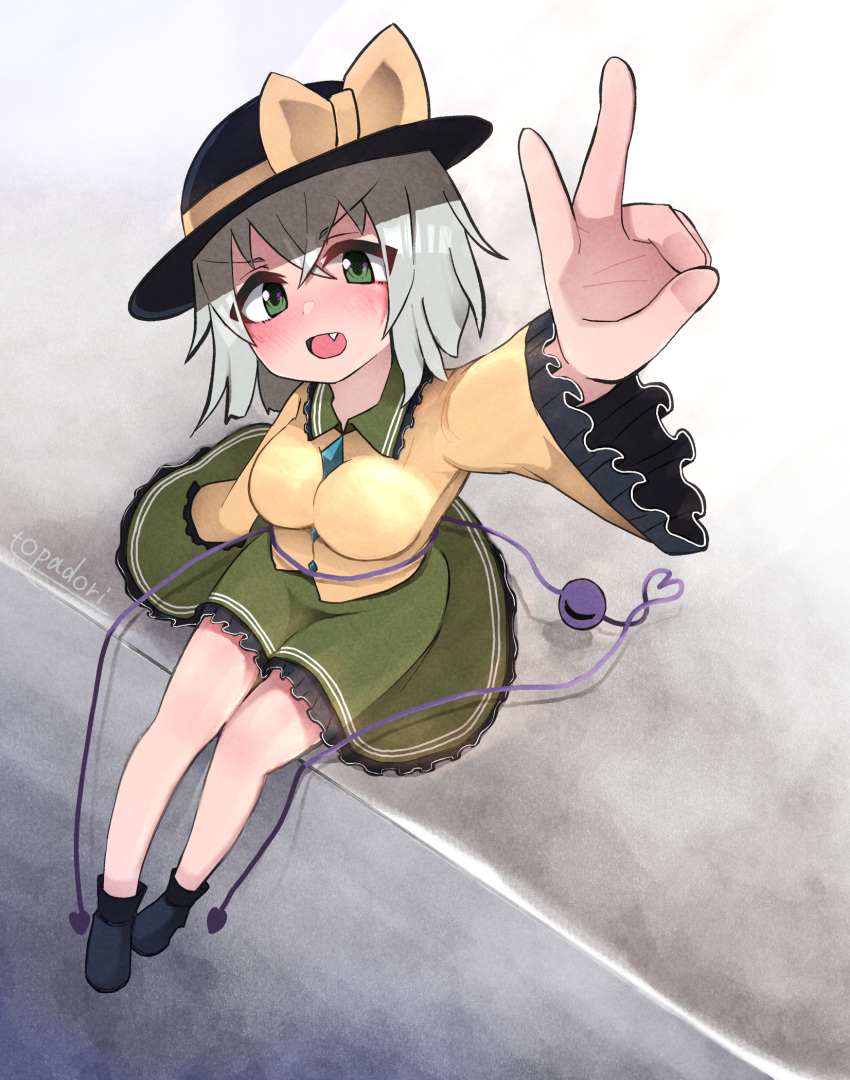 1girl artist_name bangs black_footwear black_headwear blouse blush boots breasts buttons collared_blouse commentary diamond_button eyeball fang frilled_shirt_collar frilled_skirt frilled_sleeves frills from_above full_body green_eyes green_skirt grey_hair grin hat hat_ribbon heart heart_of_string highres komeiji_koishi long_sleeves looking_at_viewer medium_breasts medium_hair medium_skirt ribbon shiny shiny_hair sidelocks sitting skirt smile solo third_eye topadori touhou v v-shaped_eyebrows wavy_hair wide_sleeves yellow_blouse yellow_ribbon