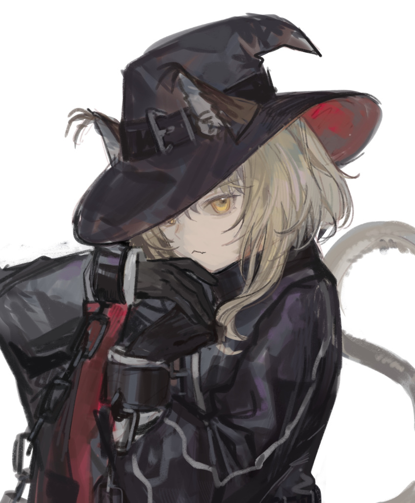 1girl absurdres animal_ears arknights black_coat black_gloves black_headwear blonde_hair cat_ears cat_girl cat_tail chain coat cuffs ears_through_headwear gloves hands_up hat haze_(arknights) highres liangban_xiexu long_hair looking_at_viewer shackles simple_background solo tail tail_raised white_background witch_hat yellow_eyes