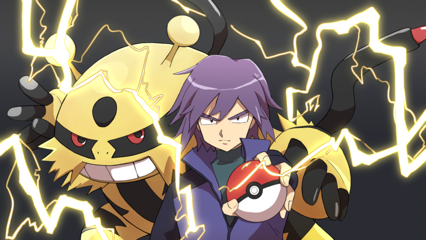1boy bangs closed_mouth commentary_request electivire electricity frown holding holding_poke_ball jacket looking_at_viewer male_focus outstretched_arm paul_(pokemon) poke_ball poke_ball_(basic) pokemon pokemon_(anime) pokemon_(creature) pokemon_dppt_(anime) purple_hair shi_(yxyy4723) shirt short_hair