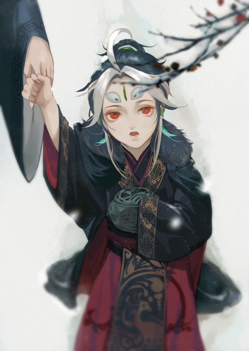 absurdres black_hair blue_hair burusiji child chinese_clothes chinese_commentary expressionless eyeshadow fate/grand_order fate_(series) forehead_jewel hanfu highres holding_finger long_hair long_sleeves looking_at_object makeup male_focus multicolored_hair open_mouth ponytail red_eyes red_eyeshadow shi_huang_di_(fate) two-tone_hair white_hair wide_sleeves younger