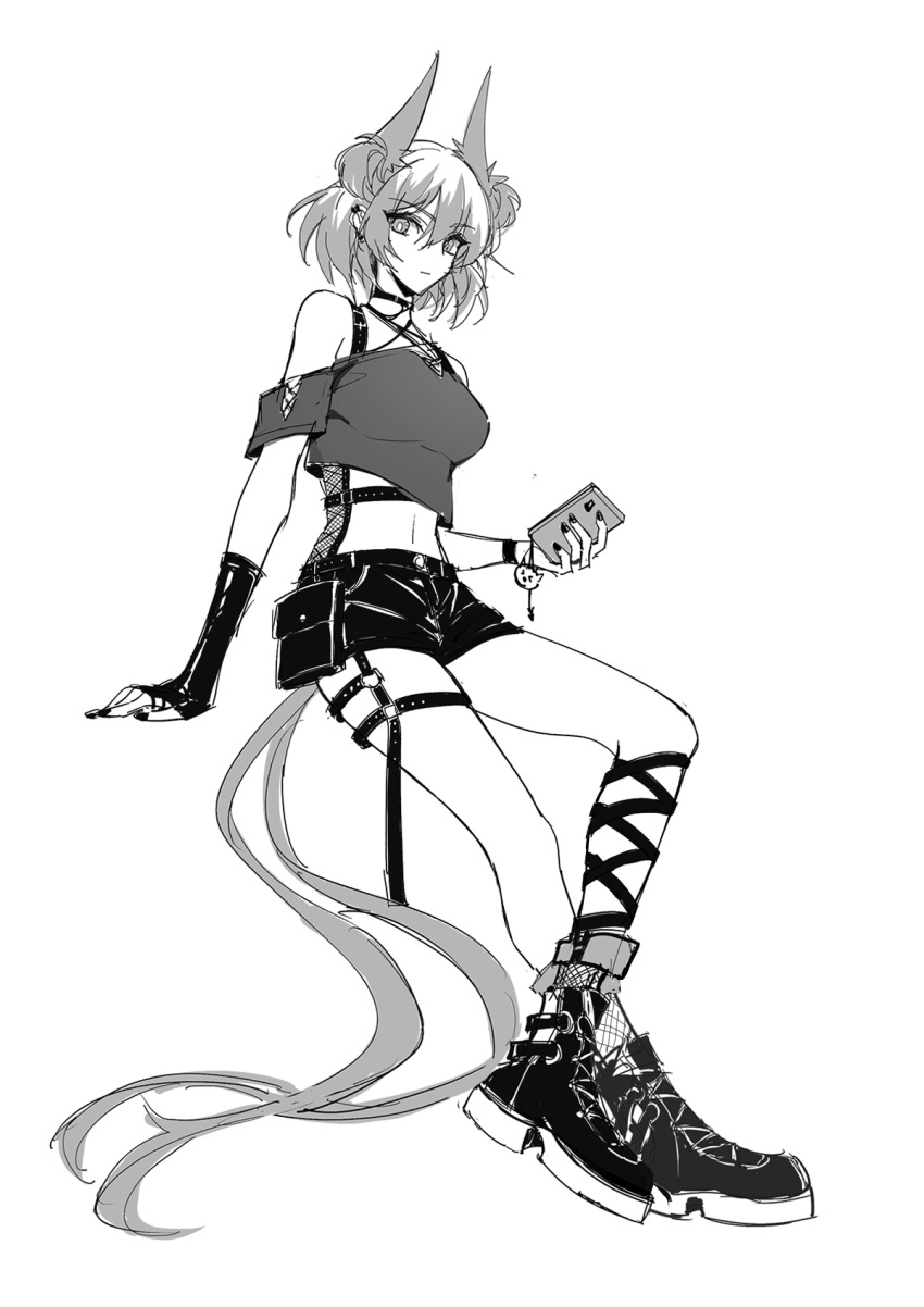 1girl animal_ears arknights bird_ears bird_girl bird_tail boots cellphone contemporary earclip eyebrows_visible_through_hair fingerless_gloves full_body gloves greyscale hair_between_eyes highres holding holding_phone jewelry looking_at_viewer luren_max monochrome multicolored_hair necklace phone pouch short_hair shorts simple_background smartphone solo streaked_hair suffering_(arknights) tail thigh_strap white_background