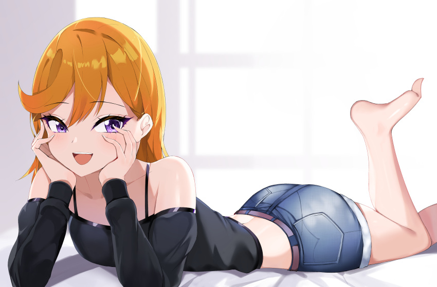 1girl :d absurdres ass bare_legs bare_shoulders barefoot black_shirt blonde_hair blue_shorts bra_strap crop_top denim denim_shorts hands_on_own_cheeks hands_on_own_face highres leg_up long_hair long_sleeves looking_at_viewer love_live! love_live!_superstar!! lying midriff mutsu_ane_daisuki off-shoulder_shirt off_shoulder on_stomach shibuya_kanon shirt short_shorts shorts smile solo symbol-only_commentary thighs violet_eyes