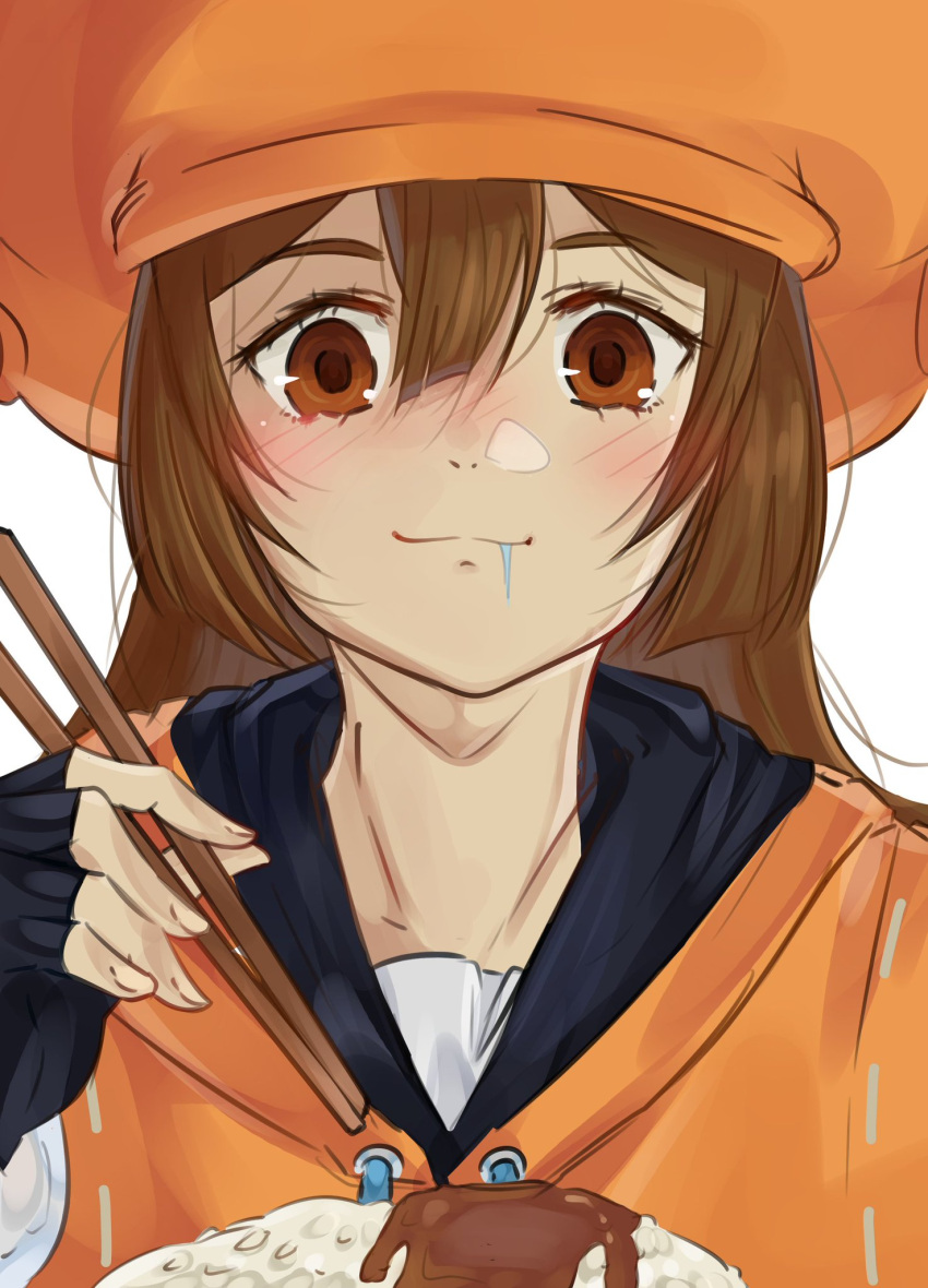 1girl blush brown_eyes brown_hair chopsticks curry curry_rice drooling fingerless_gloves food gloves guilty_gear guilty_gear_strive hair_between_eyes hat highres holding holding_chopsticks hood hoodie hungry light_smile long_hair may_(guilty_gear) mil17459623 pirate_hat rice saliva