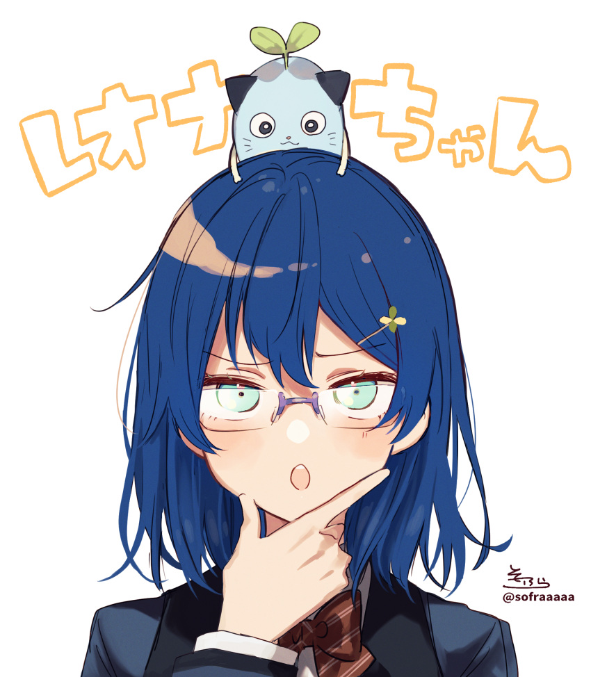 1girl black_jacket blazer blue_eyes blue_hair blush bow brown_bow diagonal-striped_bow genderswap genderswap_(mtf) glasses hair_ornament hairclip hand_on_own_chin hand_up highres jacket leos_vincent long_sleeves mameneko_(leos_vincent) nijisanji open_mouth school_uniform shirt signature simple_background sofra solo teeth translation_request twitter_username upper_body upper_teeth white_background white_shirt