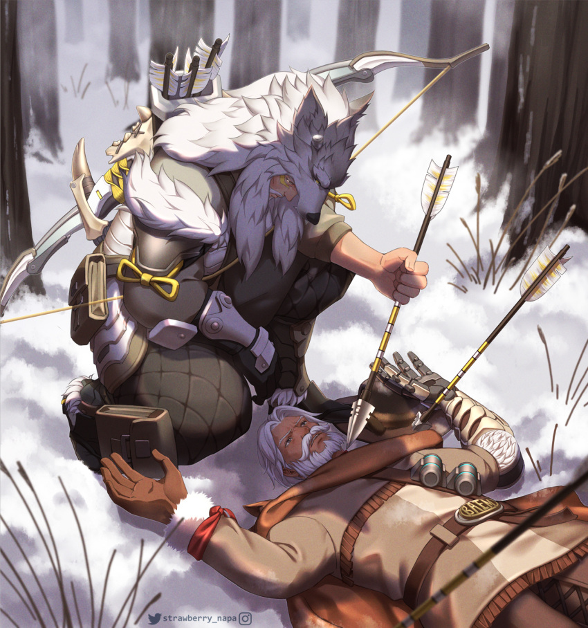 2boys arrow_(projectile) beard belt bow_(weapon) cape cassidy_(overwatch) commentary dark_skin facial_hair gloves hanzo_(overwatch) highres holding long_hair male_focus multiple_boys overwatch short_hair strawberry_napa weapon