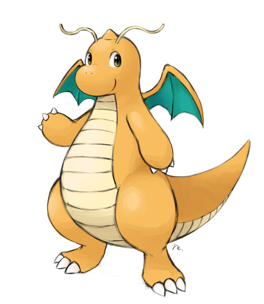 black_eyes claws closed_mouth commentary_request dragonite full_body highres looking_to_the_side no_humans pokemon pokemon_(creature) ryusei0402 simple_background smile solo standing white_background