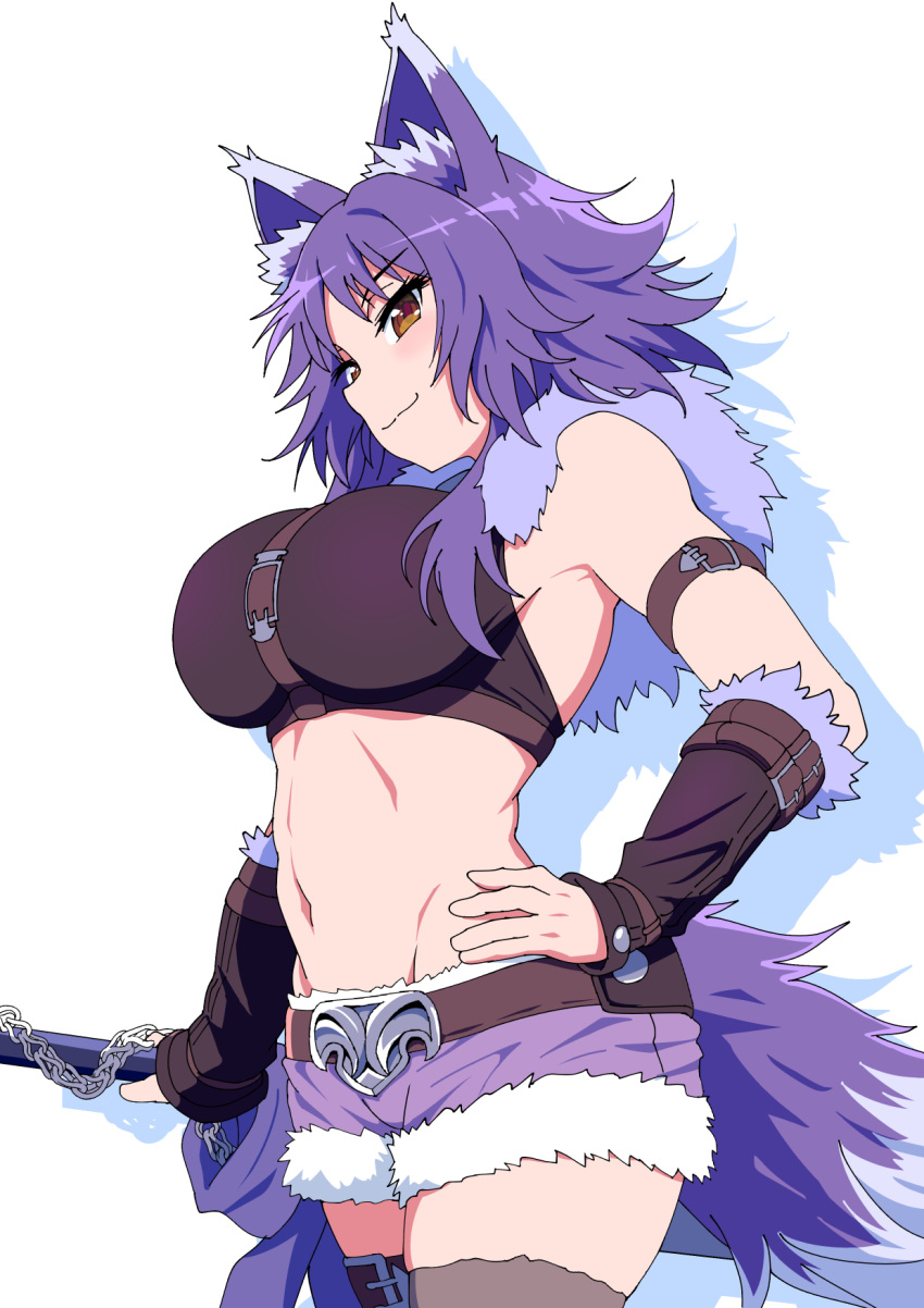 1girl animal_ear_fluff animal_ears arm_belt armpit_crease bangs bare_shoulders black_legwear black_shorts breasts brown_eyes chest_belt closed_mouth commentary cowboy_shot crop_top detached_sleeves drop_shadow eyebrows_visible_through_hair fur-trimmed_shorts fur_trim groin hand_on_hip highres holding holding_sword holding_weapon large_breasts leg_belt long_hair looking_at_viewer makoto_(princess_connect!) mamiyama midriff navel princess_connect! profile purple_hair purple_shorts shadow shirt short_shorts shorts sidelocks simple_background single_thighhigh skindentation sleeveless sleeveless_shirt smile solo standing sword tail thigh-highs weapon white_background wolf_ears wolf_girl wolf_tail yellow_eyes