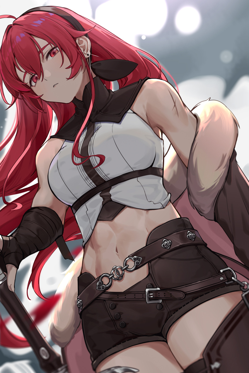 1girl abs absurdres ahoge bare_shoulders boots brown_gloves closed_mouth crop_top earrings eris_greyrat fingerless_gloves from_below fur_collar gloves hair_between_eyes hairband high_collar highres holding holding_sword holding_weapon jewelry long_hair muscular muscular_female mushoku_tensei navel off_shoulder older red_eyes redhead scar scar_on_arm shirt short_shorts shorts sleeveless sleeveless_shirt standing sword thick_eyebrows thigh-highs thigh_boots thighs weapon xiu_kukkii