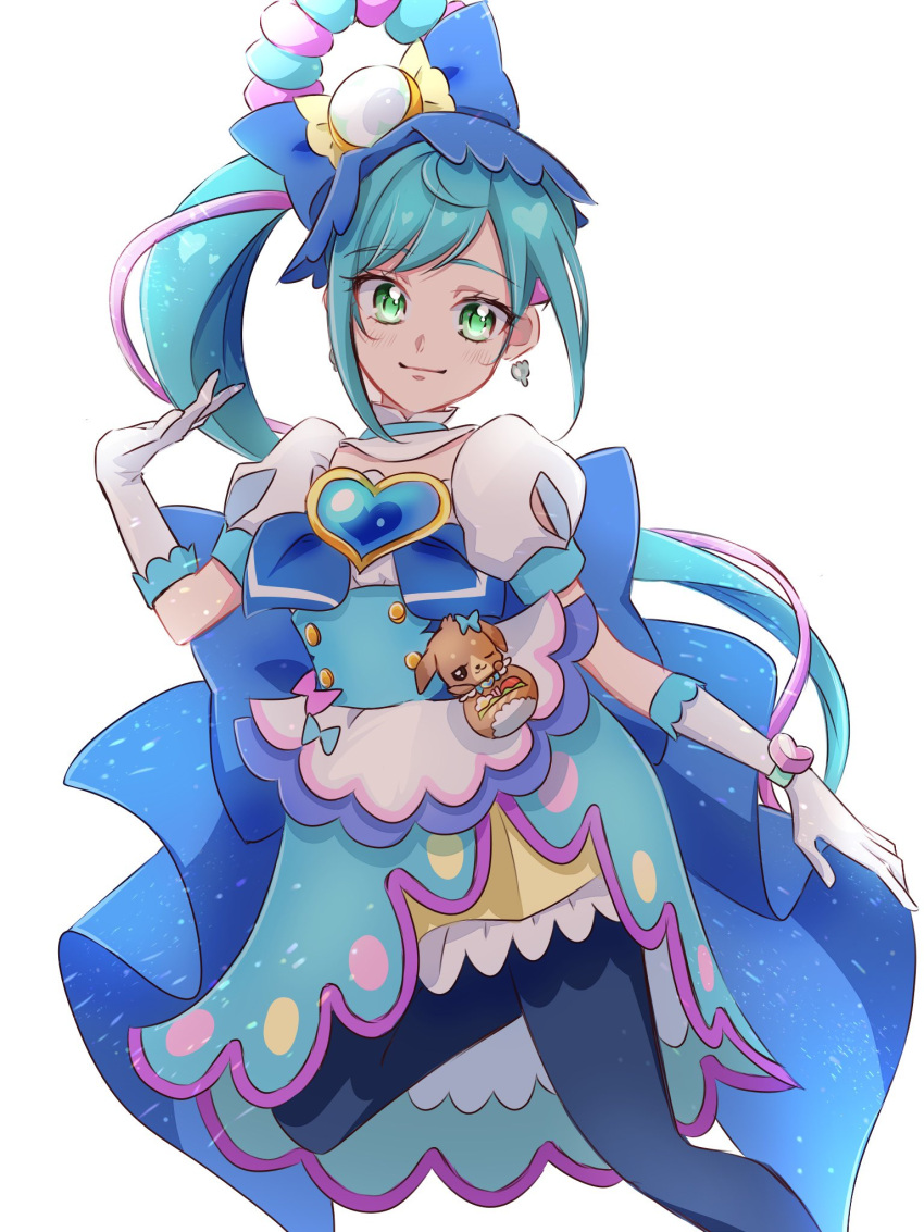 1girl blue_hair blue_theme brooch commentary_request cure_spicy delicious_party_precure earrings eyelashes fpminnie1 fuwa_kokone gloves green_eyes hair_ornament happy heart_brooch highres jewelry long_hair looking_at_viewer magical_girl multicolored_hair pam-pam_(precure) pink_hair ponytail precure puffy_short_sleeves puffy_sleeves short_sleeves side_ponytail simple_background sketch smile solo standing streaked_hair very_long_hair white_background white_gloves