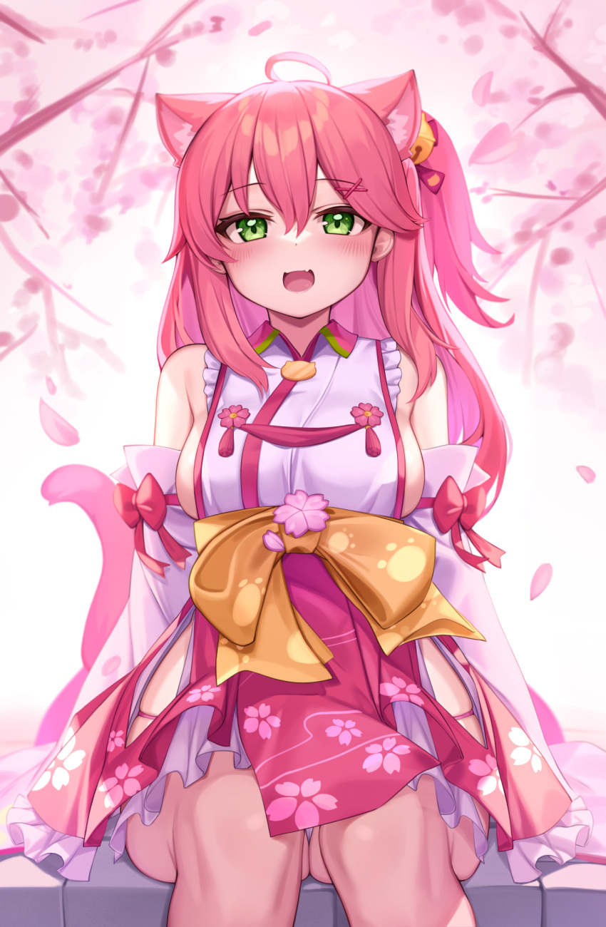 1girl animal_ears bell breasts cat_ears cat_tail cherry_blossoms deaver detached_sleeves eyebrows_visible_through_hair green_eyes hair_bell hair_between_eyes hair_ornament highres hololive japanese_clothes kemonomimi_mode kimono large_breasts long_hair looking_at_viewer open_mouth petals sakura_miko sitting solo tail virtual_youtuber white_kimono x_hair_ornament