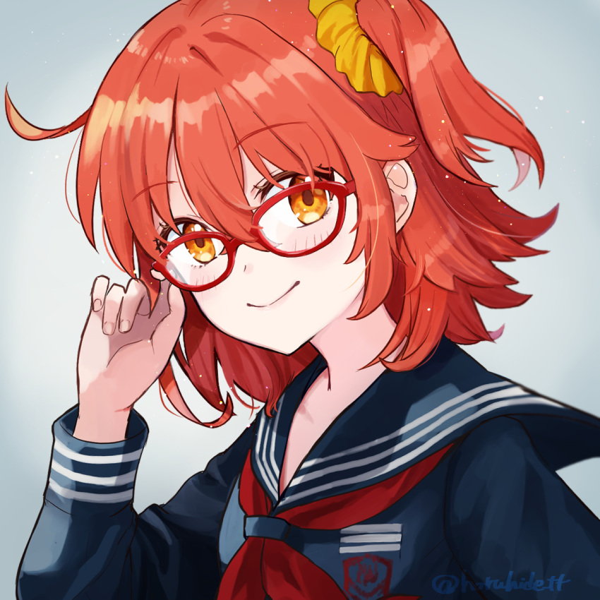 1girl ahoge blouse blue_blouse blush commentary fate/grand_order fate_(series) fujimaru_ritsuka_(female) glasses hair_ornament hair_scrunchie haruhide_tt highres light_particles light_smile looking_at_viewer neckerchief official_alternate_costume one_side_up orange_eyes orange_hair orange_scrunchie school_uniform scrunchie side_ponytail simple_background smile solo tsukumihara_academy_uniform_(fate/extra_ccc) twitter_username uniform yellow_scrunchie
