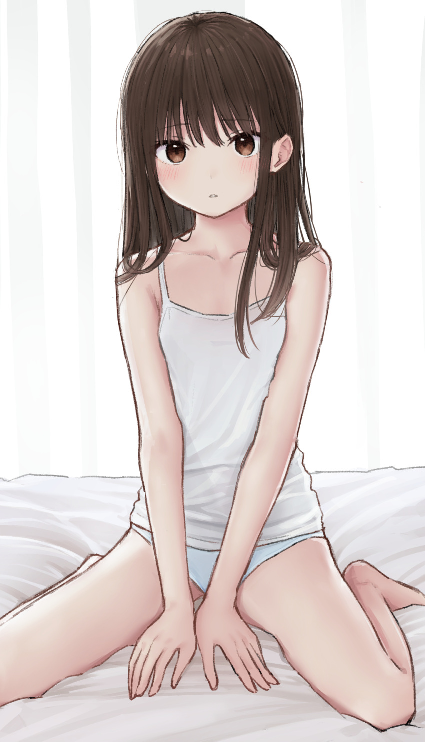 1girl akipeko bare_shoulders barefoot black_hair blush breasts brown_eyes camisole collarbone eyebrows_visible_through_hair highres long_hair looking_at_viewer original panties parted_lips reward_available sitting small_breasts solo underwear v_arms wariza white_camisole