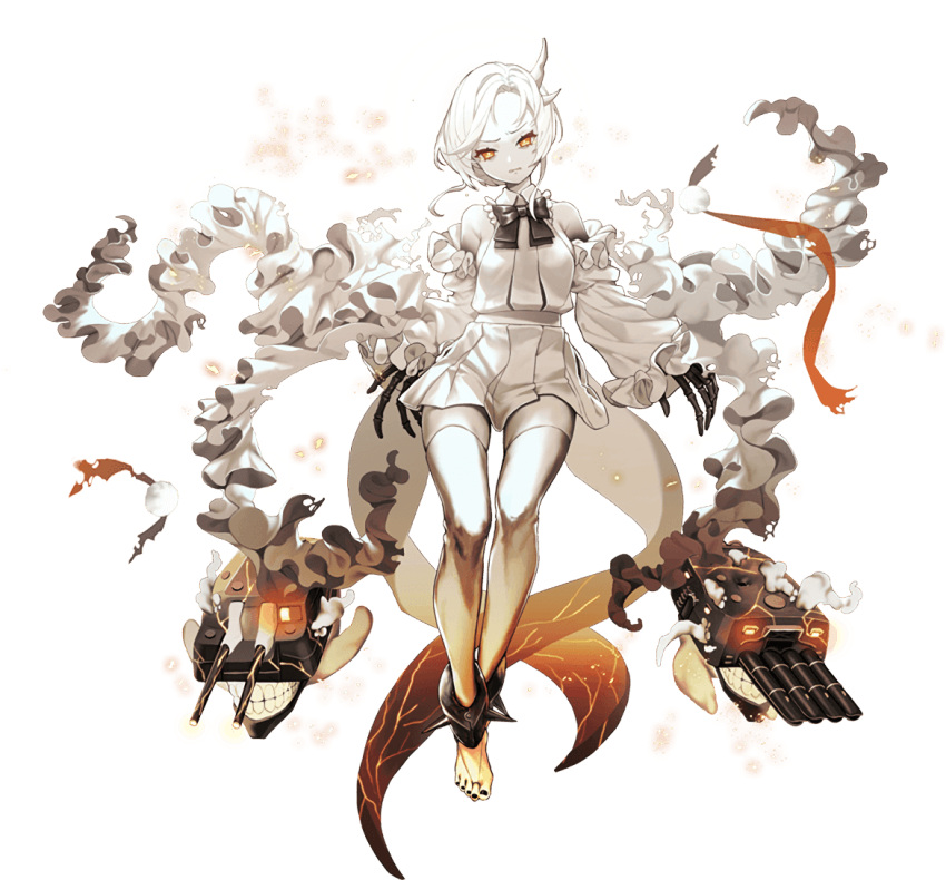 1girl abyssal_ship black_nails dress frilled_sleeves frills frown full_body horns hoshiakari_(c2_kikan) kantai_collection long_sleeves nail_polish official_art pale_skin pleated_dress short_hair single_horn solo teeth thigh-highs toenail_polish toenails torpedo torpedo_launcher torpedo_tubes transparent_background white_dress white_hair white_legwear yellow_eyes