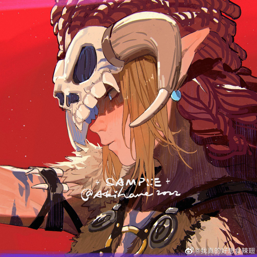 1boy akihare blue_eyes commentary english_commentary from_side highres link looking_to_the_side male_focus mask pointy_ears red_background simple_background skull_mask skull_on_head solo the_legend_of_zelda the_legend_of_zelda:_breath_of_the_wild tribal