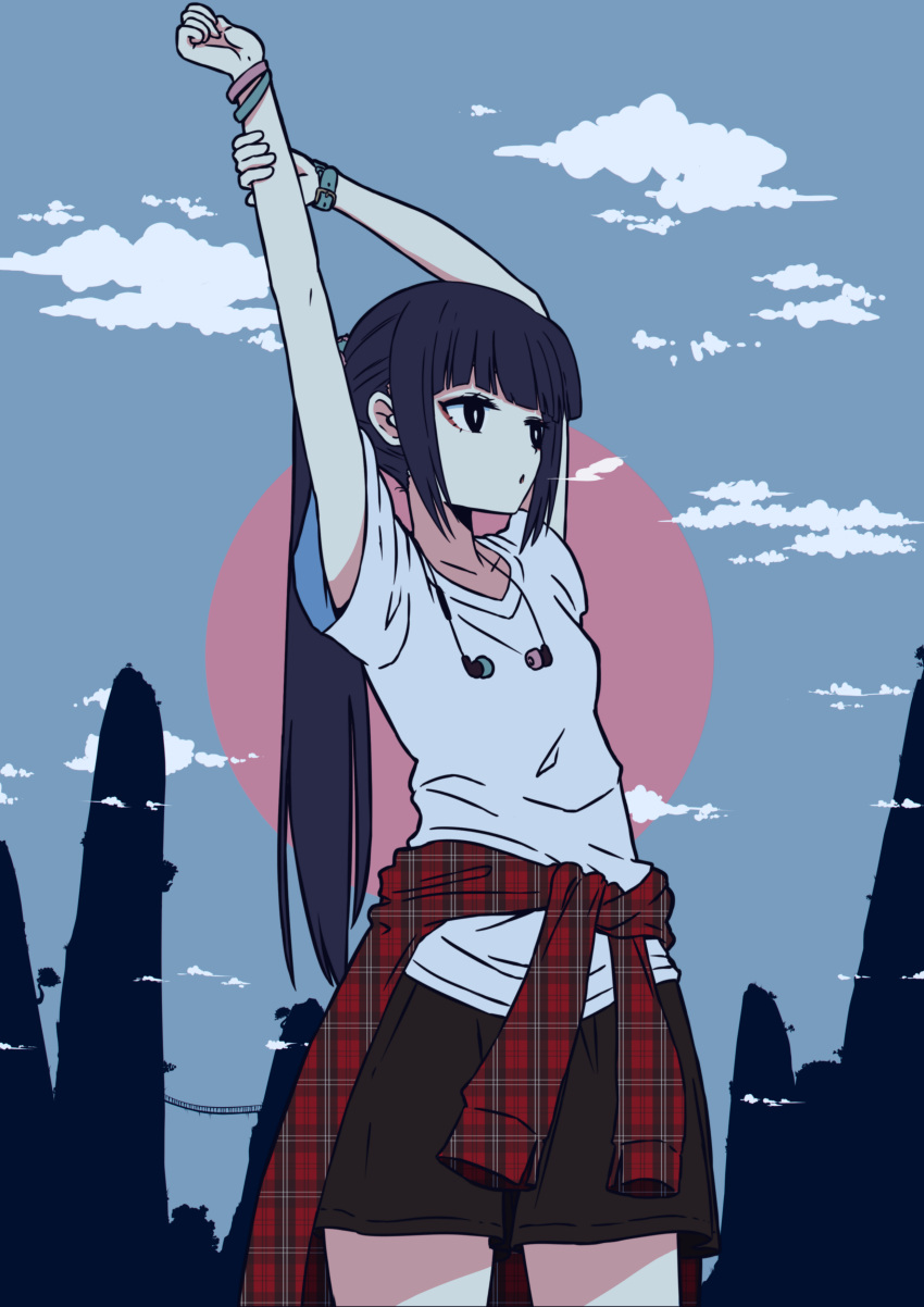 absurdres alternate_costume alternate_hairstyle clouds cloudy_sky earphones earphones_removed genshin_impact greedydeviant highres ponytail shirt shorts sky stretched_limb white_shirt wristband yun_jin_(genshin_impact)
