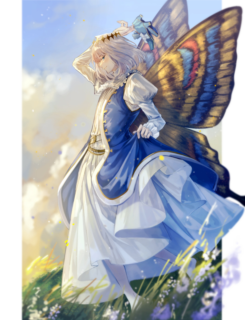 1boy arthropod_boy bangs barefoot blue_eyes bug butterfly butterfly_wings cape chinese_commentary crown diamond_hairband fate/grand_order fate_(series) flower from_side full_body fur_trim grass grey_hair hand_up highres holding holding_clothes holding_shoes insect_wings light_smile long_sleeves looking_at_viewer looking_to_the_side male_focus medium_hair oberon_(fate) puffy_sleeves shoes shoes_removed sky solo weii2021 wings