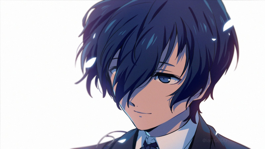 1boy asada_hachi banned_artist black_jacket blue_eyes blue_hair blue_ribbon closed_mouth collared_shirt commentary dated_commentary falling_petals gekkoukan_high_school_uniform hair_between_eyes highres jacket light_smile looking_to_the_side male_focus neck_ribbon persona persona_3 petals portrait ribbon school_uniform shirt short_hair simple_background solo twitter_username watermark white_background white_shirt yuuki_makoto