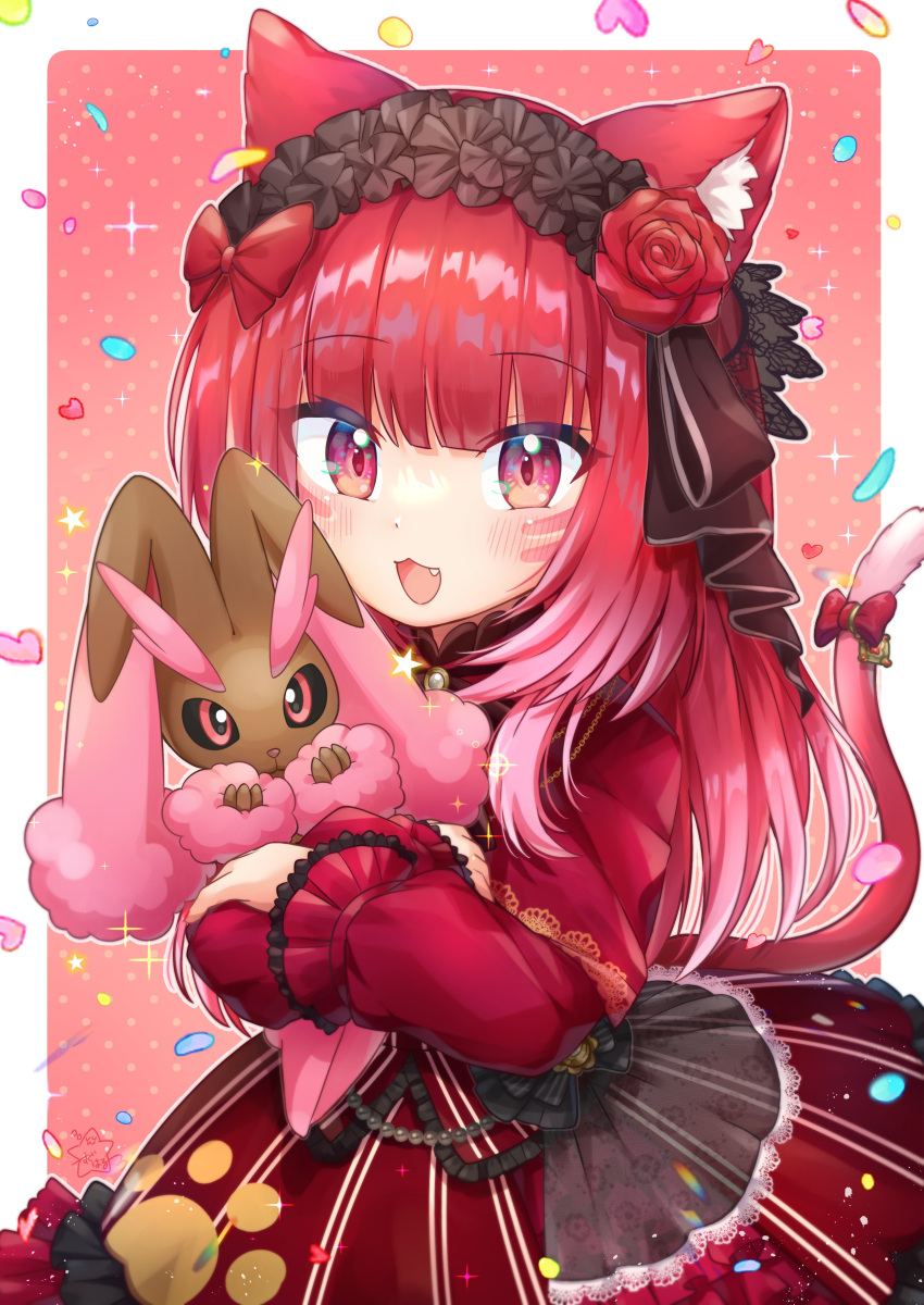 1girl absurdres animal_ear_fluff animal_ears aruru_gray black_hairband black_sclera blush bow cat_ears cat_girl cat_tail colored_sclera commission dress eyebrows_visible_through_hair fang flower hair_bow hair_flower hair_ornament hairband highres holding holding_pokemon lolita_hairband long_hair lopunny open_mouth pink_eyes pokemon pokemon_(creature) production_kawaii red_bow red_dress red_eyes red_flower red_rose redhead rose second-party_source smile suguharu86 tail virtual_youtuber