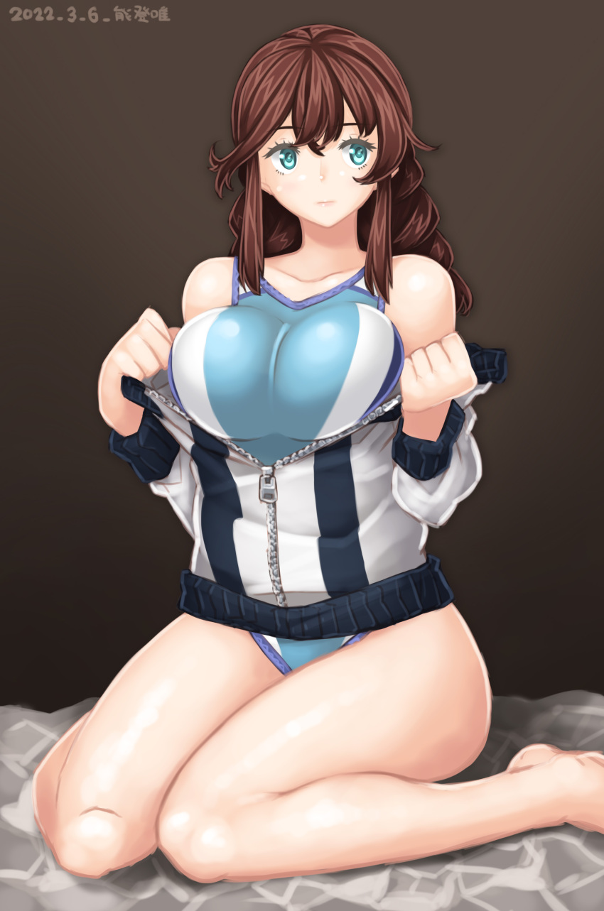 1girl absurdres alternate_costume bare_legs blue_swimsuit braid breast_press breasts brown_background brown_hair collarbone competition_swimsuit dated eyebrows_visible_through_hair floor green_eyes hair_between_eyes highres jacket kantai_collection large_breasts lips long_hair long_sleeves noshiro_(kancolle) notchi one-piece_swimsuit open_clothes open_jacket signature sitting solo stone_floor swimsuit twin_braids wariza white_jacket white_swimsuit zipper