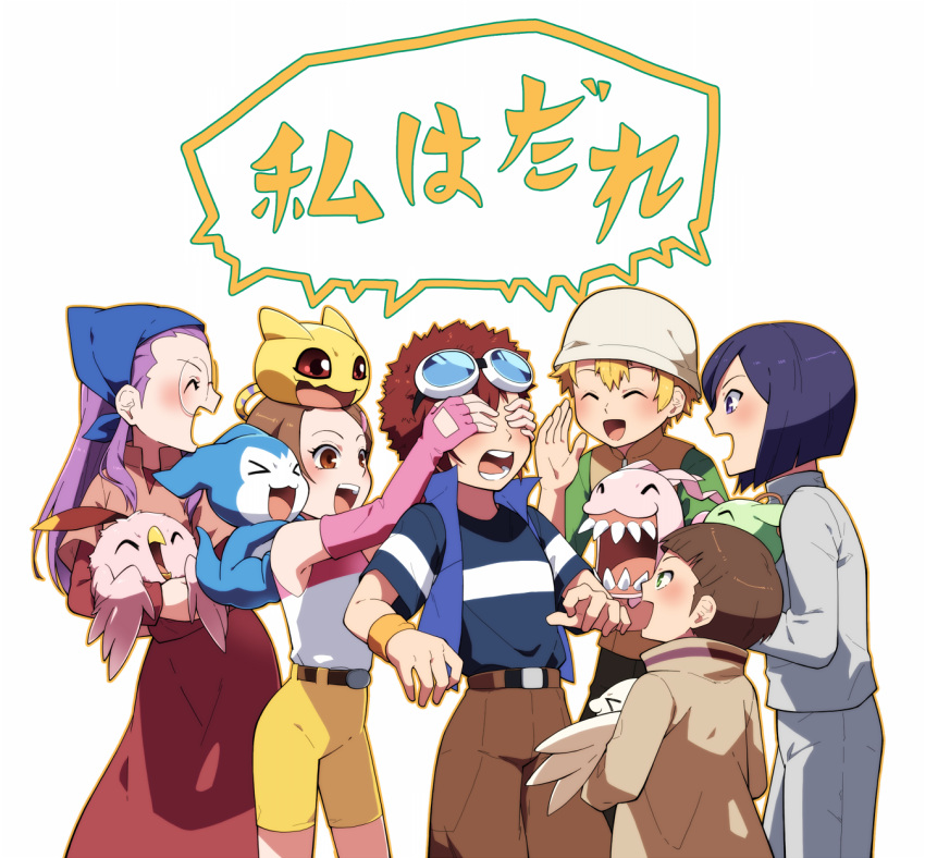 &gt;_&lt; 2girls 4boys :3 belt blonde_hair blue_eyes blue_hair brown_hair brown_shorts closed_eyes commentary_request cowboy_shot detached_sleeves digimon digimon_(creature) digimon_adventure digimon_adventure_02 fingerless_gloves glasses gloves goggles goggles_on_head hat hida_iori highres holding ichijouji_ken inoue_miyako lao_wen lower_teeth motomiya_daisuke multiple_boys multiple_girls open_mouth purple_hair red_eyes redhead short_hair short_sleeves shorts simple_background spiky_hair takaishi_takeru teeth translation_request upper_teeth white_background yagami_hikari yellow_shorts