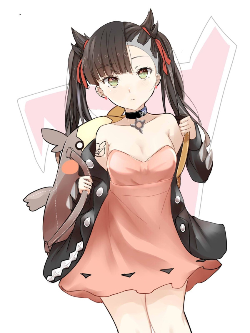 1girl arm_tattoo asymmetrical_bangs backpack bag bangs black_choker black_jacket choker closed_mouth commentary_request dress earrings green_eyes hair_ribbon highres holding_strap jacket jewelry long_sleeves looking_at_viewer marnie_(pokemon) morpeko morpeko_(full) off_shoulder open_clothes open_jacket pink_dress pokemon pokemon_(game) pokemon_swsh red_ribbon ribbon solo tattoo themed_object twintails xin_renlei_chilong
