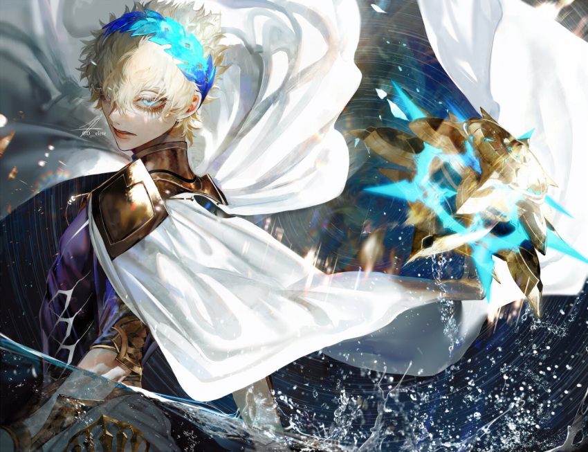1boy armlet armor au_(d_elite) bangs blonde_hair blue_eyes castor_(fate) collar colored_eyelashes commentary diadem expressionless eyelashes fate/grand_order fate_(series) light_particles looking_away male_focus metal_collar pauldrons short_hair shoulder_armor signature solo thick_eyelashes twitter_username upper_body wading water water_drop weapon white_robe
