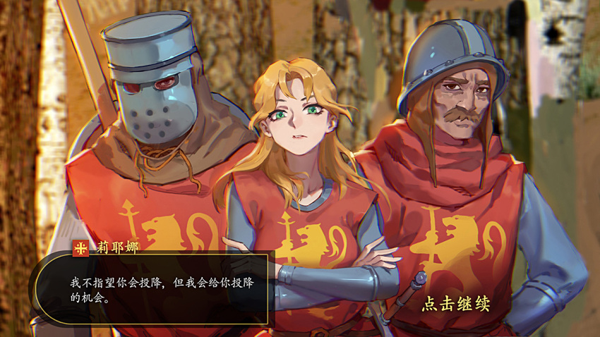 1girl 2boys armor blonde_hair brown_eyes brown_hair closed_mouth crossed_arms facial_hair gongxiao_zao green_eyes helmet knight long_hair long_sleeves looking_at_viewer multiple_boys mustache original outdoors polearm shield spear tree warrior weapon
