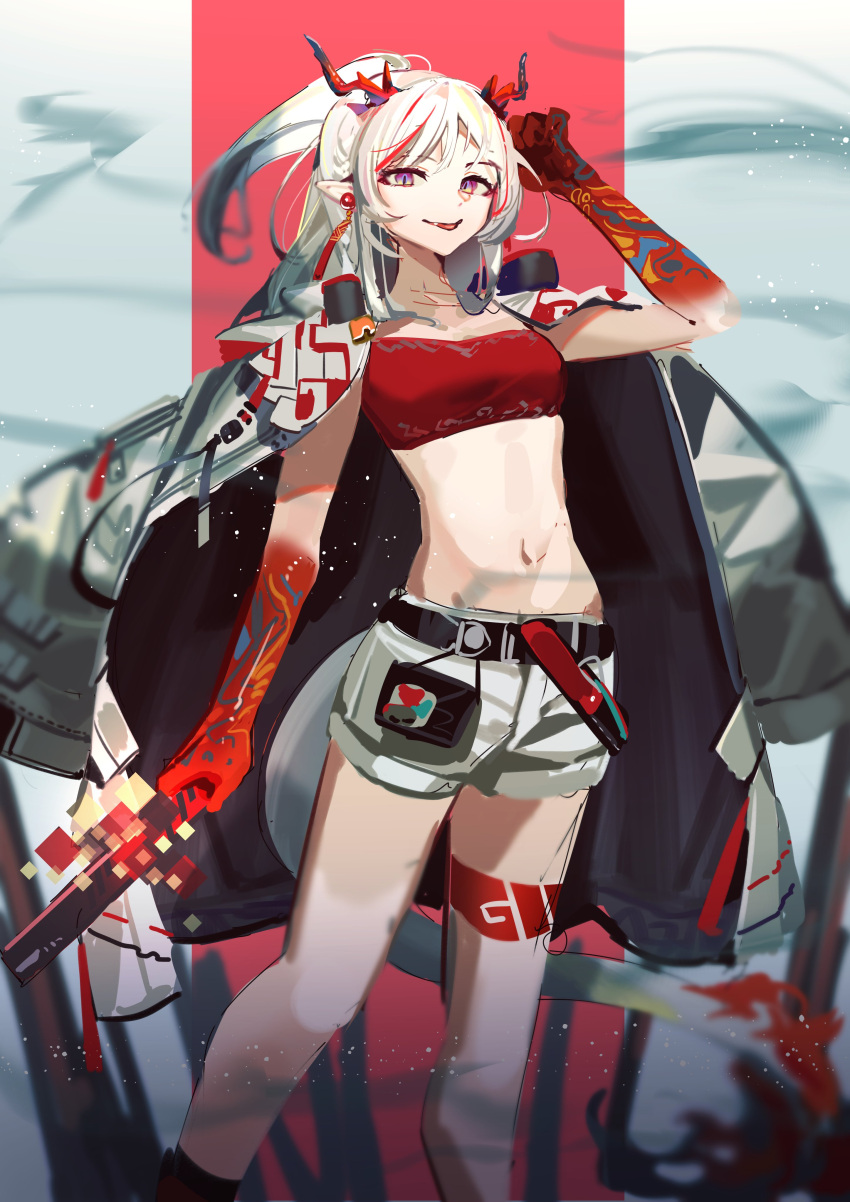 1girl absurdres arknights arm_tattoo belt black_belt colored_skin ear_piercing feet highres jacket jacket_on_shoulders leg_tattoo looking_at_viewer midriff multicolored_hair navel nian_(arknights) omochi_kueru open_clothes open_jacket parted_lips piercing pointy_ears ponytail red_skin red_tube_top redhead shorts solo strapless streaked_hair tattoo tube_top violet_eyes white_hair white_jacket white_shorts