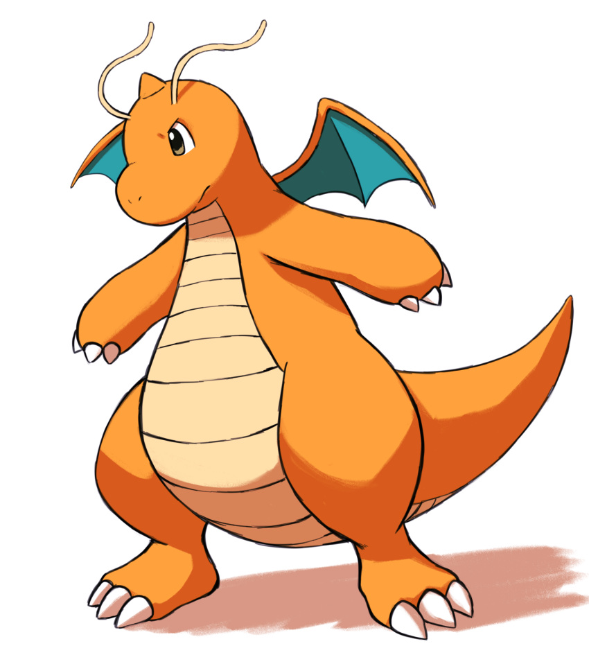 brown_eyes claws closed_mouth commentary_request dragonite full_body highres looking_to_the_side no_humans pokemon pokemon_(creature) ryusei0402 solo standing white_background