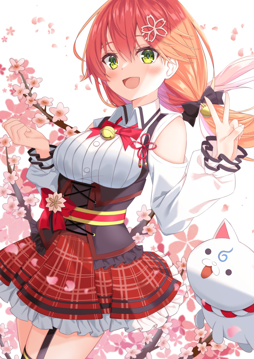 1girl 35p_(sakura_miko) :d bell breasts cat clothing_cutout collared_shirt corset divergenceok floating_hair flower frilled_skirt frills garter_straps green_eyes hair_between_eyes hair_flower hair_ornament hands_up highres hololive jingle_bell long_hair looking_at_viewer medium_breasts pink_flower plaid plaid_skirt red_skirt redhead sakura_miko shirt shoulder_cutout skirt smile solo v virtual_youtuber white_shirt