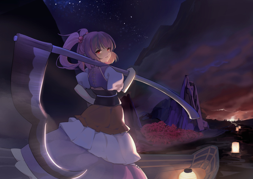 1girl bangs casterluex clouds cowboy_shot eyebrows_visible_through_hair hair_bobbles hair_ornament hand_on_hip highres holding holding_scythe lamp looking_at_viewer mountain night night_sky obi onozuka_komachi open_mouth outdoors puffy_short_sleeves puffy_sleeves red_eyes redhead sash scythe short_hair short_sleeves sky solo standing star_(sky) starry_sky touhou two_side_up watercraft