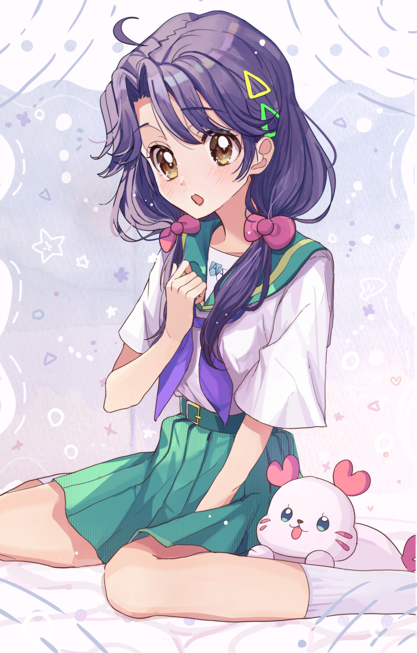 1girl absurdres aozora_middle_school_uniform bangs blush bow commentary eyebrows_visible_through_hair green_sailor_collar green_skirt hair_bow highres huwarinn99 kururun_(precure) long_hair looking_at_viewer low_twintails open_mouth pleated_skirt precure purple_hair sailor_collar school_uniform serafuku short_sleeves sitting skirt socks suzumura_sango tropical-rouge!_precure twintails yellow_eyes