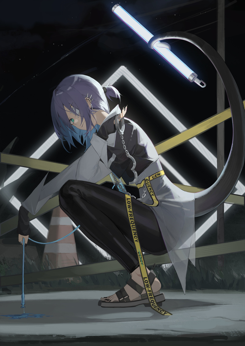1girl arknights asbestos_(arknights) asbestos_(glen_sonata)_(arknights) bangs black_nails black_pants closed_mouth cuffs ear_piercing eyebrows_visible_through_hair eyepatch from_side full_body glowstick handcuffs haocong33 highres holding long_sleeves looking_at_viewer looking_to_the_side nail_polish night night_sky official_alternate_costume one_eye_covered outdoors pants piercing prehensile_tail purple_hair sandals see-through short_hair short_ponytail sky smile squatting star_(sky) starry_sky tail tight tight_pants toenail_polish toenails traffic_cone