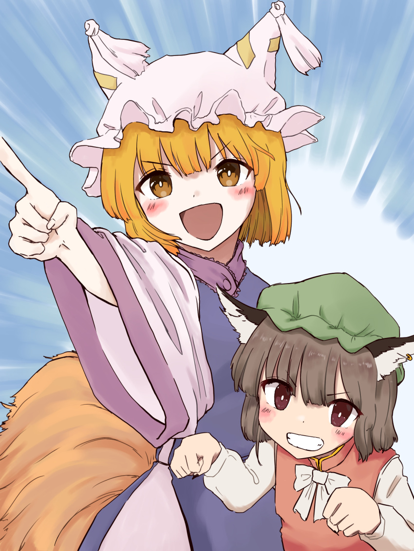 2girls :d animal_ears bangs black_nails blonde_hair blue_background blue_tabard blunt_bangs blush bow bowtie bright_pupils brown_hair chen chisato_toho commentary_request emphasis_lines eyebrows_visible_through_hair fox_ears fox_tail grin hat highres long_sleeves multiple_girls multiple_tails nail_polish open_mouth paw_pose pillow_hat pointing red_vest short_hair simple_background sleeves_past_elbows smile tail touhou upper_body v-shaped_eyebrows vest violet_eyes white_bow white_bowtie white_pupils wide_sleeves yakumo_ran yellow_eyes
