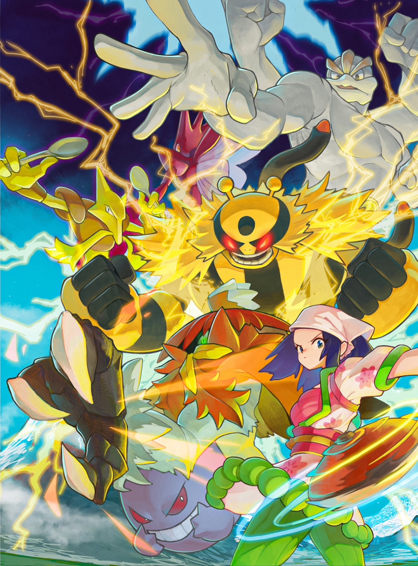 1girl akari_(pokemon) alakazam aodaisuki blue_hair closed_mouth commentary_request electivire floral_print gengar green_pants head_scarf highres hisuian_decidueye jacket long_hair looking_back machamp motion_blur outstretched_arm pants poke_ball poke_ball_(legends) pokemon pokemon_(creature) pokemon_(game) pokemon_legends:_arceus ponytail scizor short_sleeves sidelocks throwing white_headwear