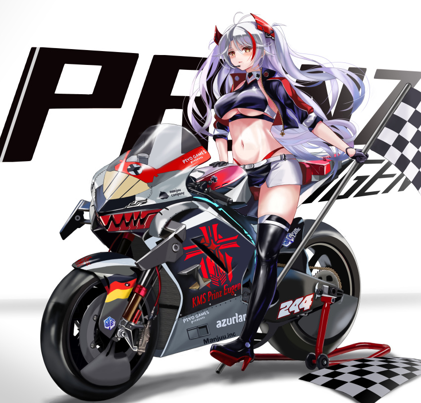 1girl absurdres antenna_hair azur_lane bangs belt black_choker black_footwear black_gloves black_jacket black_shirt black_skirt blush boots breasts brz character_name checkered_flag choker closed_mouth clothing_cutout commentary crop_top cropped_jacket cropped_shirt earpiece flag full_body gloves groin ground_vehicle hair_between_eyes half_gloves headgear high_heel_boots high_heels highleg highleg_panties highres holding holding_flag iron_blood_(emblem) jacket large_breasts long_hair looking_at_viewer motor_vehicle motorcycle multicolored_hair navel official_alternate_costume on_motorcycle open_clothes open_jacket orange_eyes panties prinz_eugen_(azur_lane) prinz_eugen_(final_lap)_(azur_lane) racequeen red_panties redhead shadow shirt sidelocks silver_hair simple_background sitting skirt sleeveless sleeveless_shirt solo stomach streaked_hair thigh-highs thigh_boots two-tone_skirt two_side_up under_boob underboob_cutout underwear very_long_hair white_background white_belt white_skirt zettai_ryouiki zipper_pull_tab