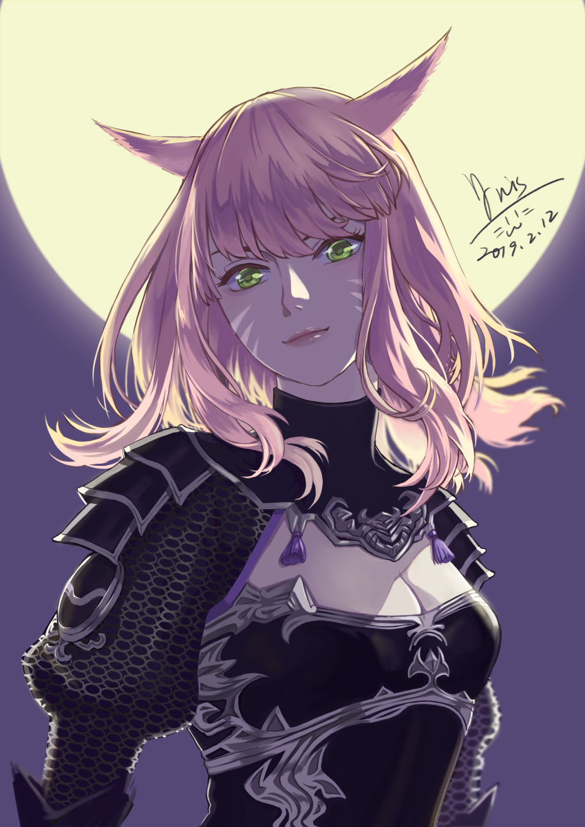 1girl absurdres animal_ears armor breasts cat_ears closed_mouth commentary dated facial_mark final_fantasy final_fantasy_xiv green_eyes highres iris@work long_hair looking_at_viewer miqo'te signature smile solo