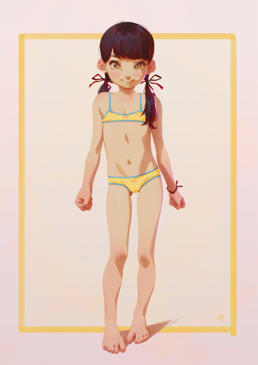 1girl alkemanubis bangs barefoot bikini black_hair bow brown_eyes child feet full_body hair_bow highres long_hair looking_at_viewer navel original simple_background smile solo swimsuit twintails