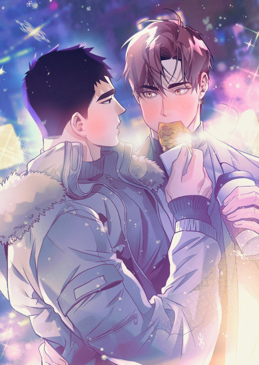 2boys black_eyes black_hair blush brown_eyes brown_hair character_request chlthd_990 coat coffee eating feeding food highres holding holding_food korean_commentary layered_clothing looking_at_another male_focus multiple_boys napkin open_mouth snowflakes sparkle sparkle_background taiyaki visible_air wagashi winter winter_clothes winter_coat zipper