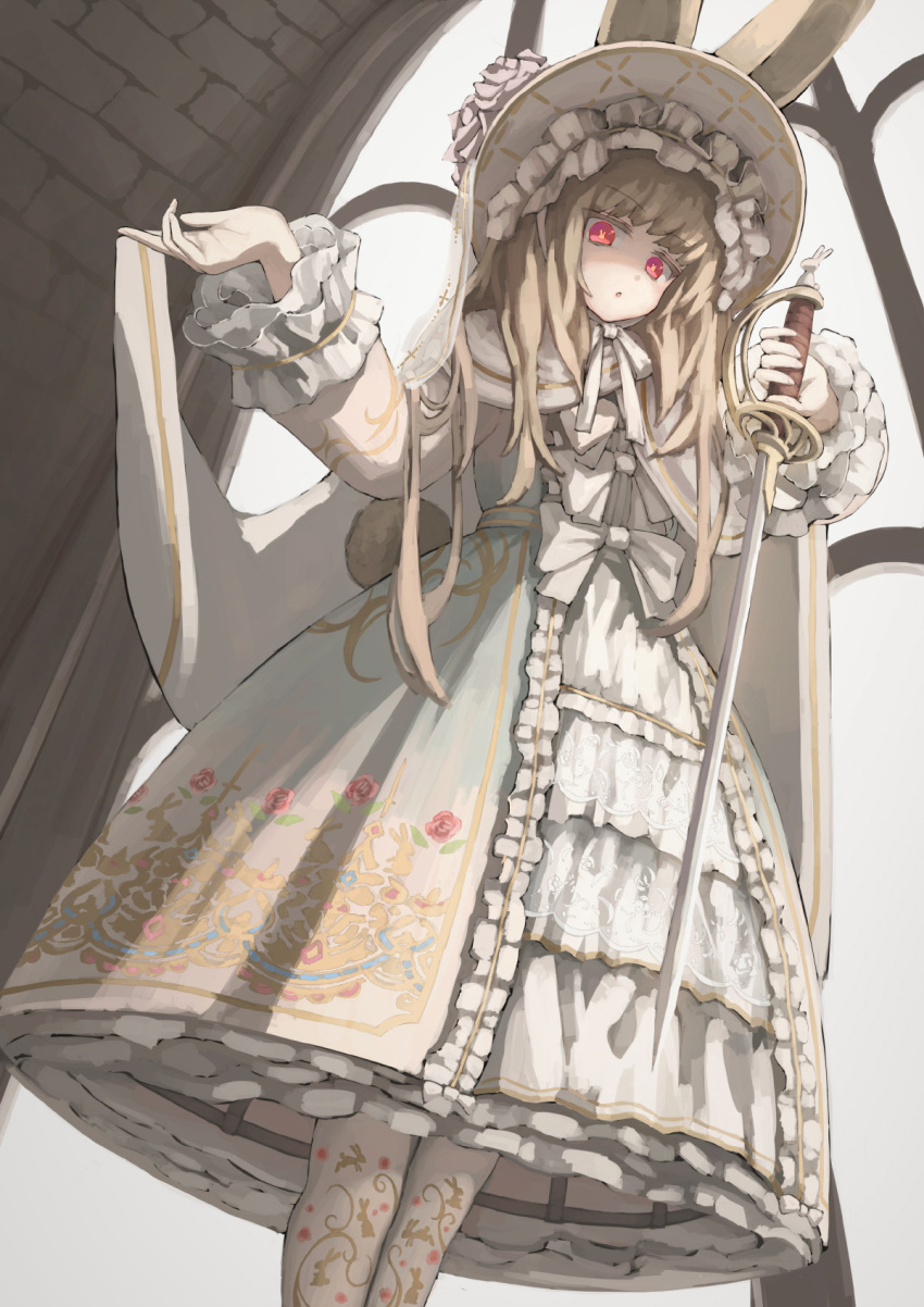 1girl bangs blonde_hair dress eyebrows_visible_through_hair feet_out_of_frame floral_print flower frilled_dress frills from_below gothic highres holding holding_sword holding_weapon indoors lolita_fashion long_hair long_sleeves looking_at_viewer open_mouth original osabachan red_eyes rose solo standing sword weapon white_dress white_flower white_headwear white_legwear white_rose