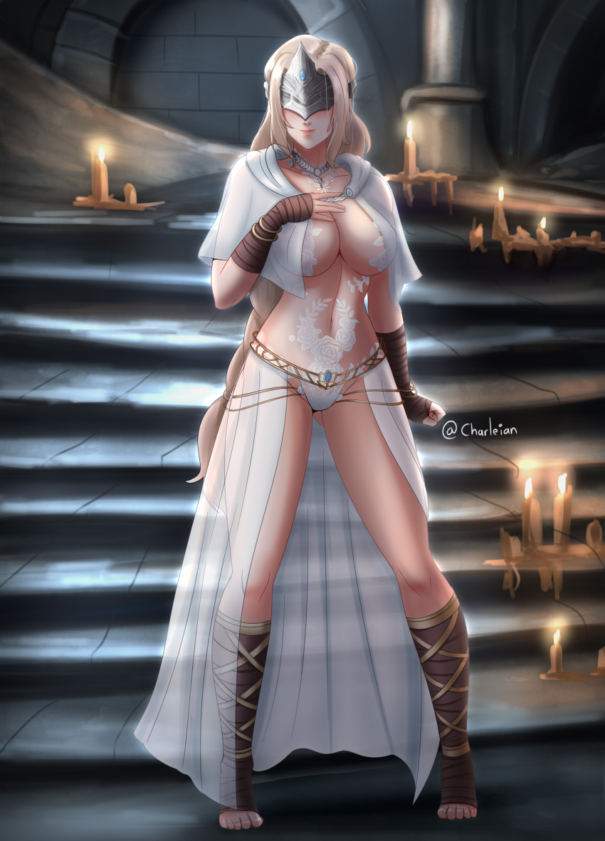 1girl absurdres blindfold blonde_hair breasts candle charleian cloak closed_mouth covered_eyes dark_souls_(series) dark_souls_iii fire_keeper full_body highres jewelry large_breasts lips long_hair looking_at_viewer mask revealing_clothes smile solo underwear