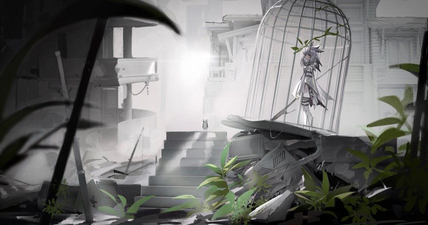 1girl absurdres arknights birdcage boots broken_bars cage cookie_(ppyf5328) dress full_body grey_hair highres holding holding_staff looking_at_viewer medium_hair owl_ears plant ptilopsis_(arknights) ruins solo staff standing thigh-highs thigh_boots white_dress white_legwear yellow_eyes