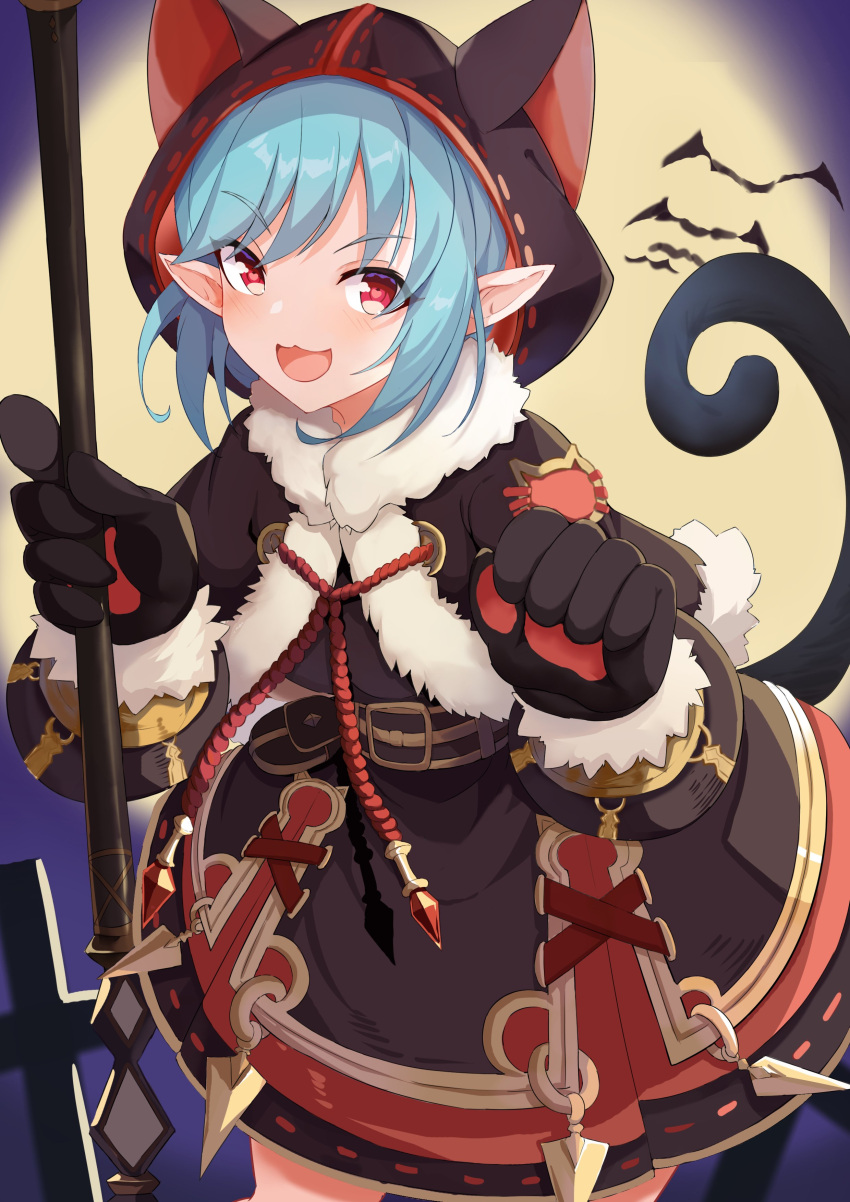 1girl absurdres animal_hands artist_request bat blue_hair cat_tail commission dress eyebrows_visible_through_hair gloves highres holding holding_staff humanization indie_virtual_youtuber lincoro open_mouth paw_gloves pointy_ears red_eyes second-party_source solo staff tail virtual_youtuber