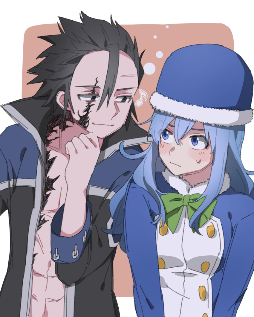 1boy 1girl abs arms_at_sides black_eyes black_hair blue_headwear bow bowtie breasts buttons collarbone commentary_request eine_blume fairy_tail finger_to_own_chin fur-trimmed_headwear gray_fullbuster green_bow green_bowtie hair_between_eyes highres juvia_lockser long_hair long_sleeves looking_at_another looking_at_viewer medium_breasts muscular muscular_male musical_note open_clothes open_shirt outside_border pink_background smile spiky_hair sweatdrop