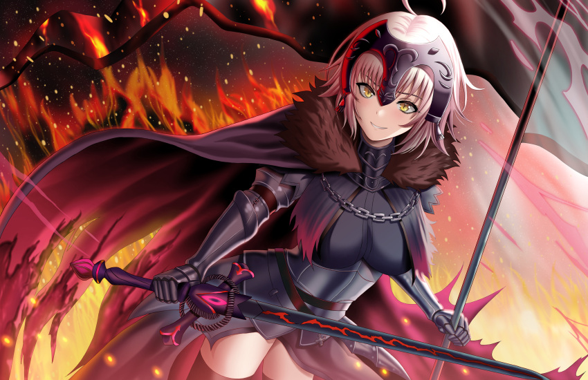 1girl absurdres ahoge armor black_cape black_legwear blonde_hair breasts bukowiski burnt_clothes cape chain embers fate/grand_order fate_(series) faulds fire flag fur_collar gauntlets grin headpiece highres holding holding_flag holding_sword holding_weapon jeanne_d'arc_(alter)_(fate) jeanne_d'arc_(fate) large_breasts looking_at_viewer red_cape short_hair smile solo sword thigh-highs torn_cape torn_clothes weapon white_hair