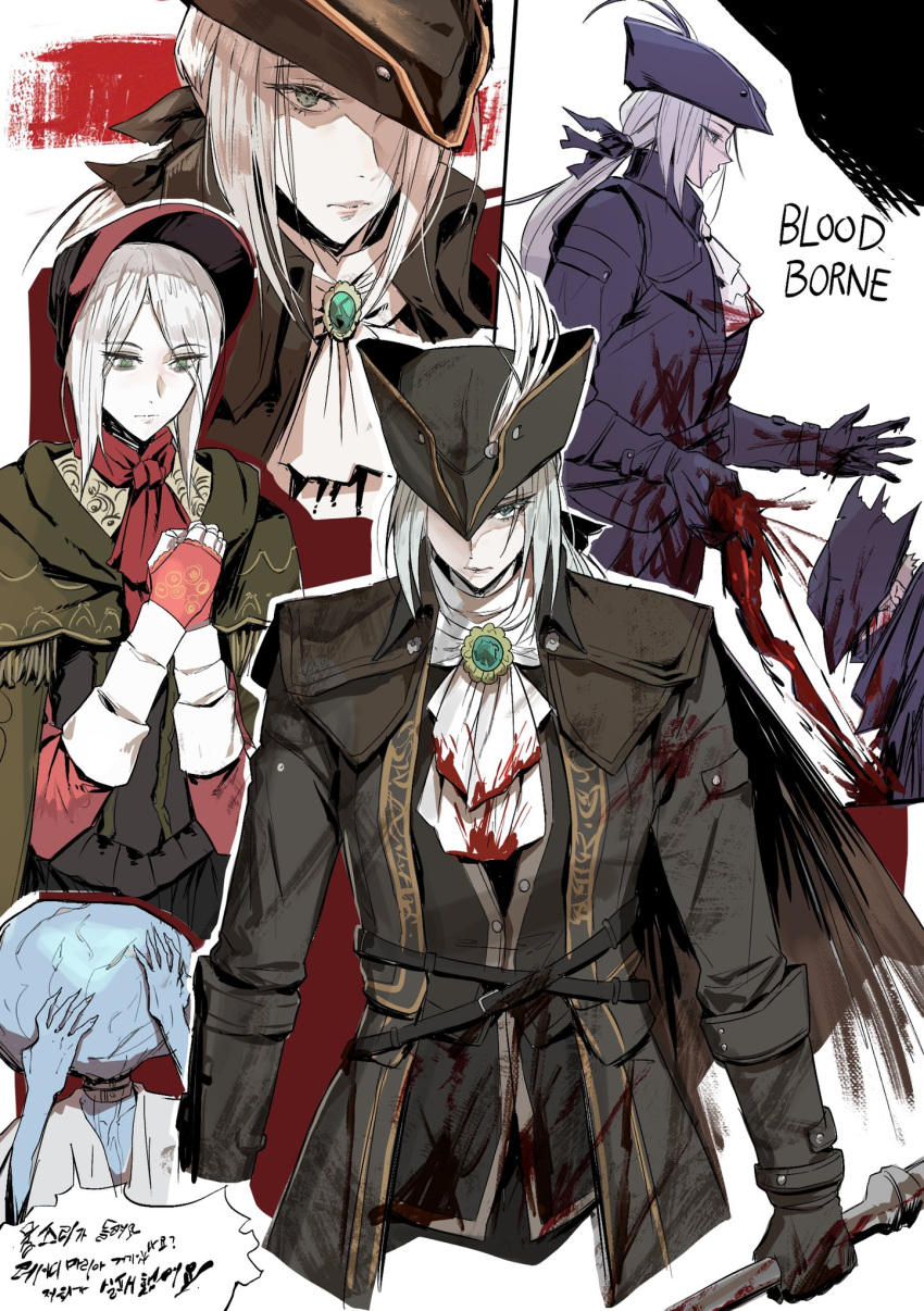 3girls bangs blonde_hair blood bloodborne blue_eyes bonnet cape cloak coat doll_joints double-blade dress flower gloves hat hat_feather highres holding holding_weapon hunter_(bloodborne) joints lady_maria_of_the_astral_clocktower long_hair looking_at_viewer mask mouth_mask multiple_girls park_ongjol plain_doll ponytail rakuyo_(bloodborne) short_hair silver_hair simple_background swept_bangs sword the_old_hunters tricorne weapon white_hair