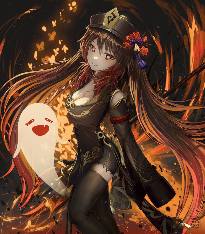 1girl absurdres adapted_costume alternate_breast_size artist_logo bangs black_legwear black_shorts breasts brown_hair bug butterfly china_dress chinese_clothes colored_tips cowboy_shot dress embers fiery_background fire floating_hair flower flower-shaped_pupils from_side genshin_impact ghost gold_trim gradient_hair grin hat hat_flower hat_ornament highres holding holding_polearm holding_weapon hu_tao_(genshin_impact) long_hair looking_at_viewer looking_to_the_side medium_breasts multicolored_hair pelvic_curtain plum_blossoms polearm porkpie_hat red_eyes redhead saintgothsin shiny shiny_hair shorts sleeves_past_wrists smile solo staff_of_homa_(genshin_impact) symbol-shaped_pupils tassel teeth thigh-highs twintails very_long_hair weapon wide_sleeves