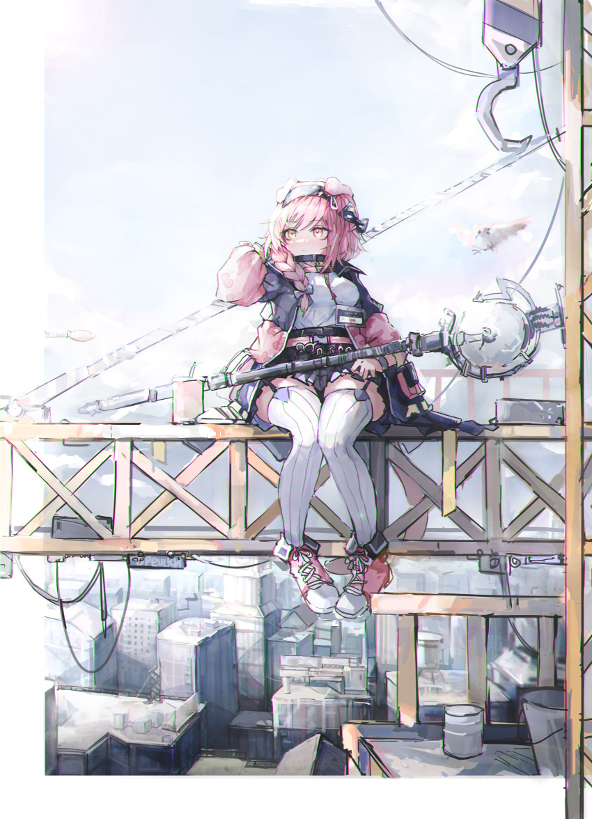1girl absurdres animal_ears arknights black_bow black_hairband blue_bow blue_jacket border bow braid breasts building cat_ears cat_girl cat_tail city crane_(machine) eyebrows_visible_through_hair floppy_ears garter_straps goldenglow_(arknights) hair_bow hair_ornament hairband hairclip highres jacket long_hair long_sleeves medium_breasts multicolored_clothes multicolored_jacket open_clothes open_jacket oreshki outdoors outside_border pink_footwear pink_hair pink_jacket shirt shoes sitting skyscraper solo staff tail thigh-highs thighs two-tone_jacket white_border white_legwear white_shirt yellow_eyes
