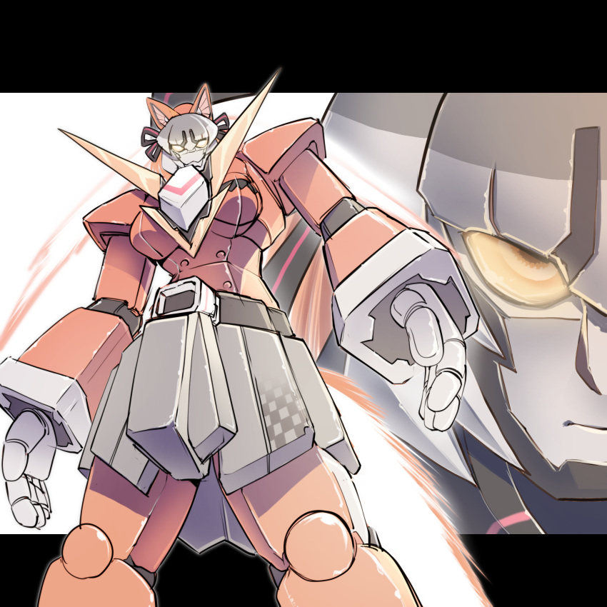 breasts expressionless glowing glowing_eyes highres island_fox_(kemono_friends) kemono_friends kemono_friends_v_project leaning_to_the_side letterboxed looking_down mcgunngu mecha mechanization medium_breasts multiple_views no_humans open_hands orange_eyes outside_border shimahairobo virtual_youtuber
